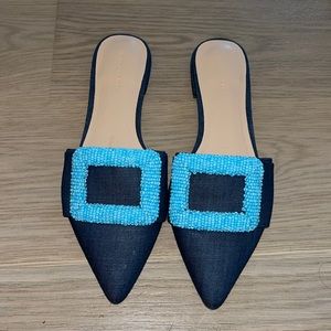 SOMETHING NAVY DENIM FLAT MULES SLIDES BEADED BLUE SZ 6